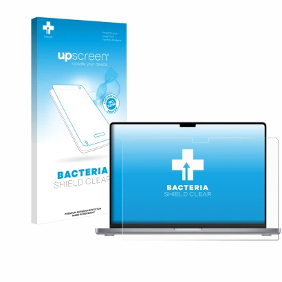 Face avant d’un emballage produit avec le logo de la marque upscreen. À côté, l’appareil Apple MacBook Pro 16