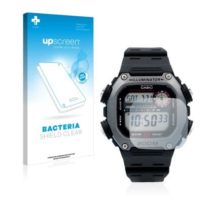 Face avant d’un emballage produit avec le logo de la marque upscreen. À côté, l’appareil Casio DW-291H est représenté avec la 