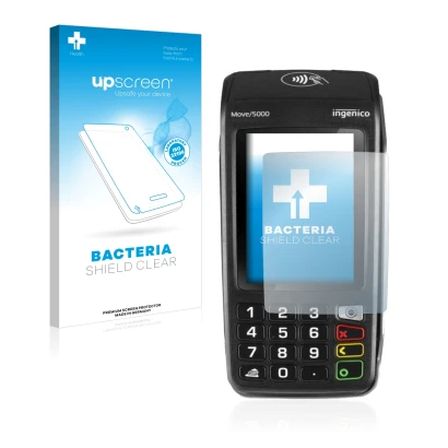 Face avant d’un emballage produit avec le logo de la marque upscreen. À côté, l’appareil ingenico Move 5000 est représenté ave