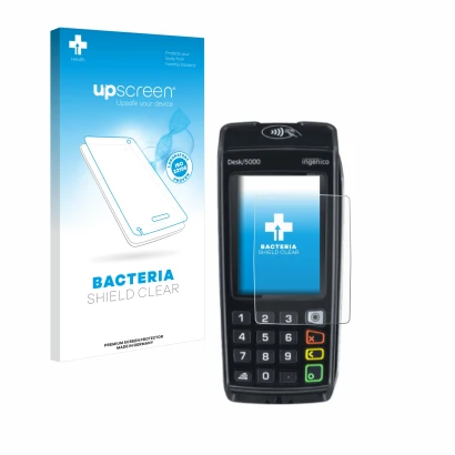 Face avant d’un emballage produit avec le logo de la marque upscreen. À côté, l’appareil ingenico Desk/5000 est représenté ave