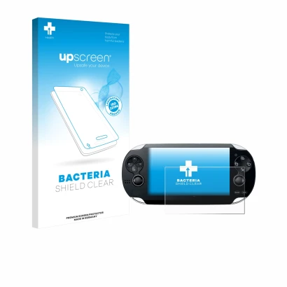 Face avant d’un emballage produit avec le logo de la marque upscreen. À côté, l’appareil Sony Playstation PS Vita est représen