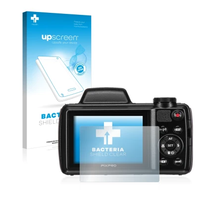 Face avant d’un emballage produit avec le logo de la marque upscreen. À côté, l’appareil Kodak Pixpro AZ525 est représenté ave