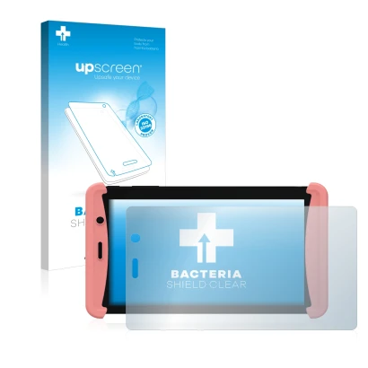 Face avant d’un emballage produit avec le logo de la marque upscreen. À côté, l’appareil Kurio Tab Lite 2 est représenté avec 