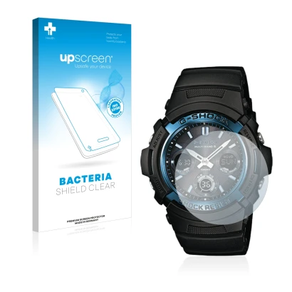 Face avant d’un emballage produit avec le logo de la marque upscreen. À côté, l’appareil Casio AWG M100 est représenté avec la