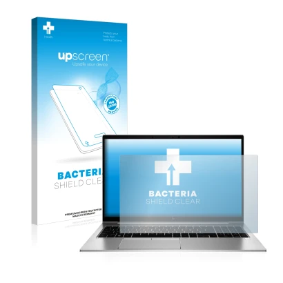 Face avant d’un emballage produit avec le logo de la marque upscreen. À côté, l’appareil HP EliteBook 855 G7 Non-Touch est rep