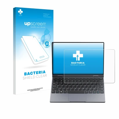 Face avant d’un emballage produit avec le logo de la marque upscreen. À côté, l’appareil Chuwi MiniBook X est représenté avec 