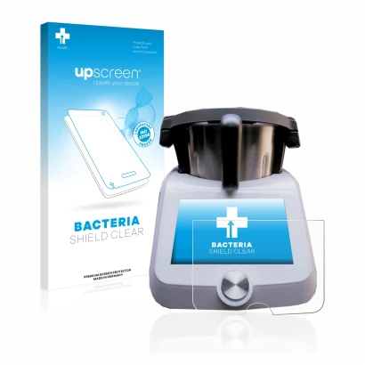 Face avant d’un emballage produit avec le logo de la marque upscreen. À côté, l’appareil SilverCrest Monsieur Cuisine Smart es