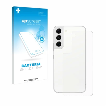 Face avant d’un emballage produit avec le logo de la marque upscreen. À côté, l’appareil Samsung Galaxy S22 5G (Arrière) est r