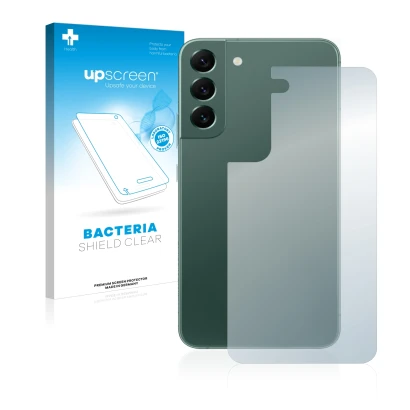 Face avant d’un emballage produit avec le logo de la marque upscreen. À côté, l’appareil Samsung Galaxy S22 Plus 5G (Arrière) 