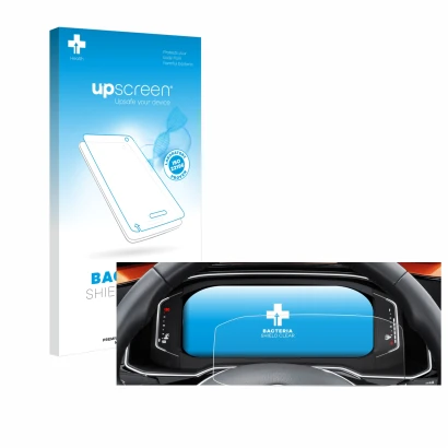 Face avant d’un emballage produit avec le logo de la marque upscreen. À côté, l’appareil Volkswagen Polo 6 Digital Cockpit Pro