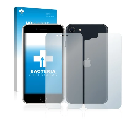 Face avant d’un emballage produit avec le logo de la marque upscreen. À côté, l’appareil Apple iPhone SE 3 2022 (Avant+Arrière