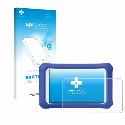 Face avant d’un emballage produit avec le logo de la marque upscreen. À côté, l’appareil Clementoni Clempad X Revolution est r