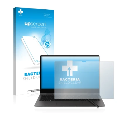 Face avant d’un emballage produit avec le logo de la marque upscreen. À côté, l’appareil Samsung Galaxy Book2 Pro 360 13.3" es