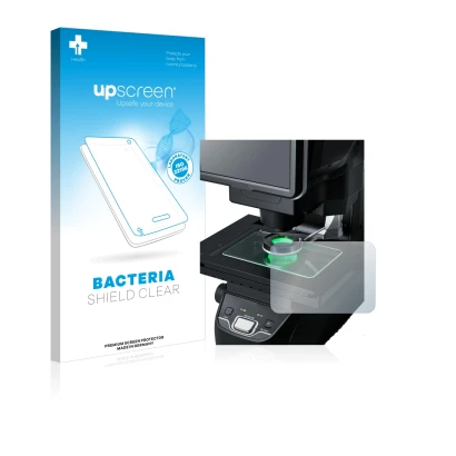 Face avant d’un emballage produit avec le logo de la marque upscreen. À côté, l’appareil Keyence IM-7030 Dessus en verre est r
