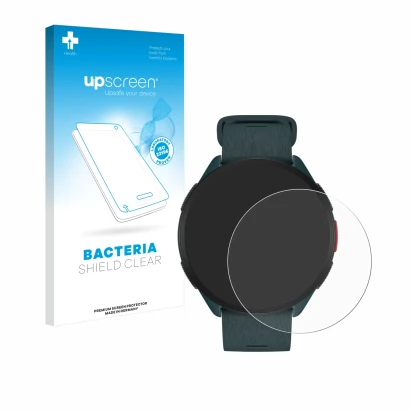 Face avant d’un emballage produit avec le logo de la marque upscreen. À côté, l’appareil Polar Pacer est représenté avec la pr