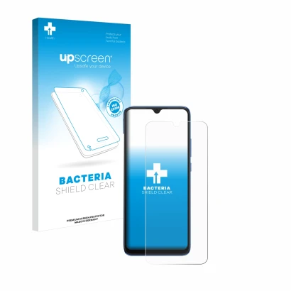 Face avant d’un emballage produit avec le logo de la marque upscreen. À côté, l’appareil Xiaomi Redmi 10C est représenté avec 