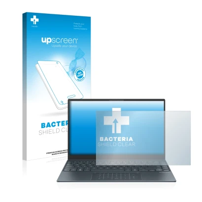 Face avant d’un emballage produit avec le logo de la marque upscreen. À côté, l’appareil ASUS ZenBook 13 OLED est représenté a