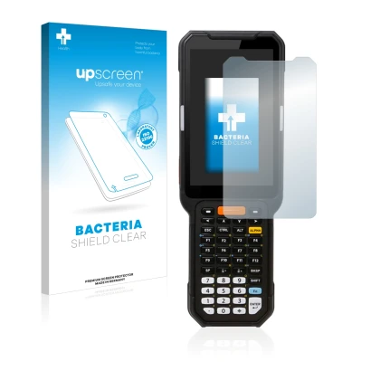 Face avant d’un emballage produit avec le logo de la marque upscreen. À côté, l’appareil Point Mobile PM451 est représenté ave