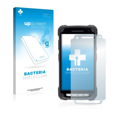 Face avant d’un emballage produit avec le logo de la marque upscreen. À côté, l’appareil Janam XT3 est représenté avec la prot