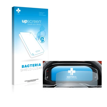 Face avant d’un emballage produit avec le logo de la marque upscreen. À côté, l’appareil Volkswagen Tiguan 2021 Digital Cockpi