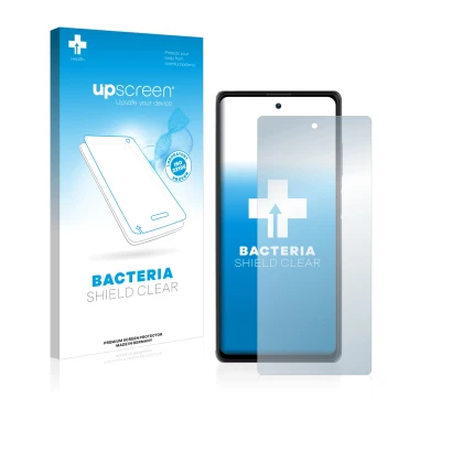 Face avant d’un emballage produit avec le logo de la marque upscreen. À côté, l’appareil Blackview A100 est représenté avec la