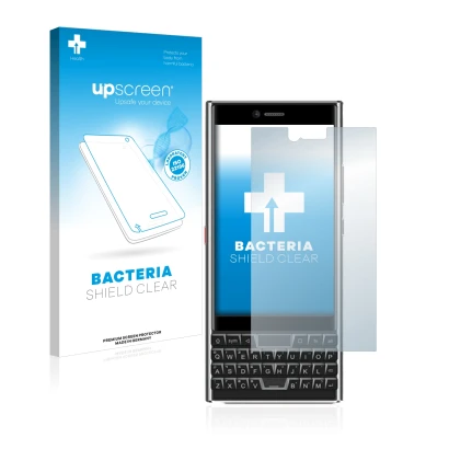 Face avant d’un emballage produit avec le logo de la marque upscreen. À côté, l’appareil Unihertz Titan Slim est représenté av