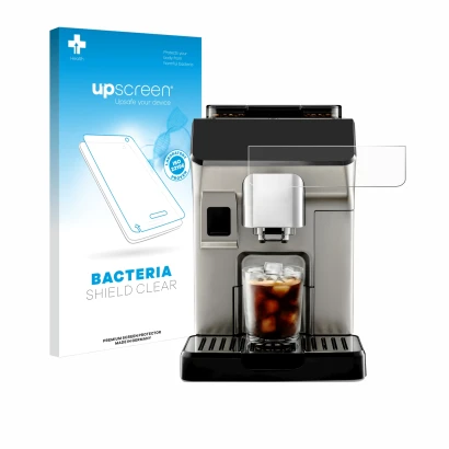Face avant d’un emballage produit avec le logo de la marque upscreen. À côté, l’appareil DeLonghi Eletta Explore est représent