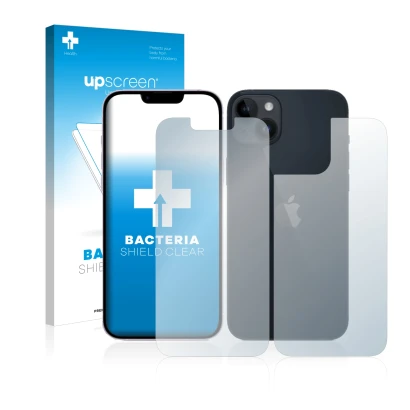 Face avant d’un emballage produit avec le logo de la marque upscreen. À côté, l’appareil Apple iPhone 14 (Avant+Arrière) est r