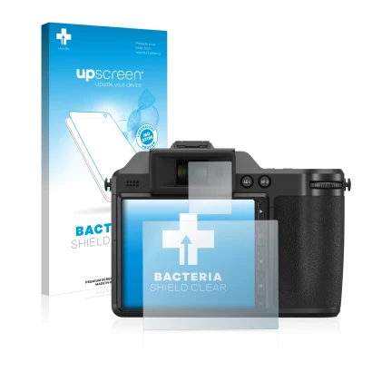 Face avant d’un emballage produit avec le logo de la marque upscreen. À côté, l’appareil Fujifilm X-H2 est représenté avec la