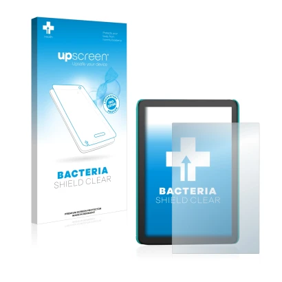 Face avant d’un emballage produit avec le logo de la marque upscreen. À côté, l’appareil Amazon Kindle Kids (2022) est représe