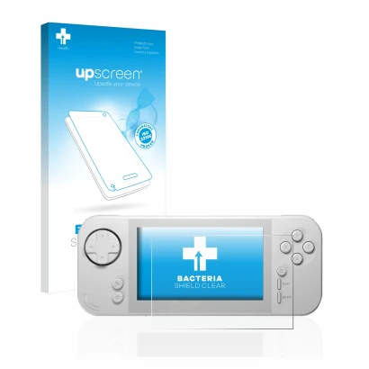 Face avant d’un emballage produit avec le logo de la marque upscreen. À côté, l’appareil Evercade EXP est représenté avec la p