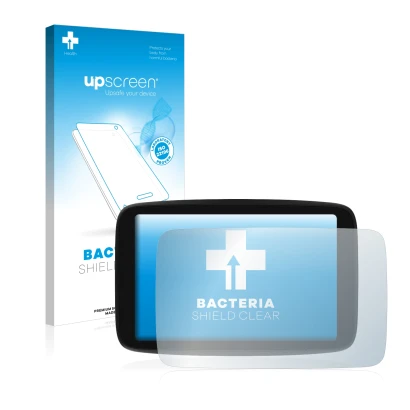 Face avant d’un emballage produit avec le logo de la marque upscreen. À côté, l’appareil TomTom GO Camper Max est représenté a