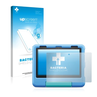 Face avant d’un emballage produit avec le logo de la marque upscreen. À côté, l’appareil Amazon Fire HD 8 Kids 2022 est représ