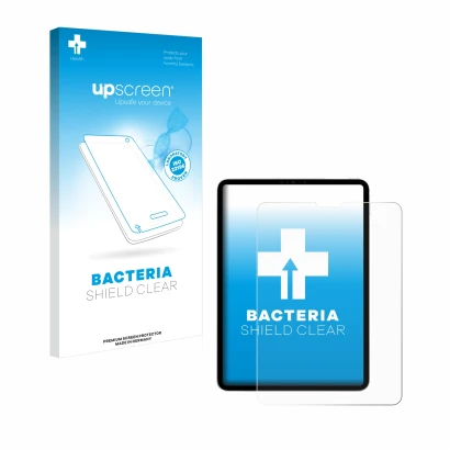 Face avant d’un emballage produit avec le logo de la marque upscreen. À côté, l’appareil Apple iPad Pro 11" 2022 (4ème Gen.) e