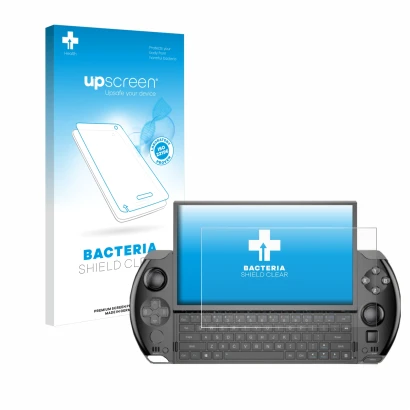 Face avant d’un emballage produit avec le logo de la marque upscreen. À côté, l’appareil GPD Win 4 est représenté avec la prot