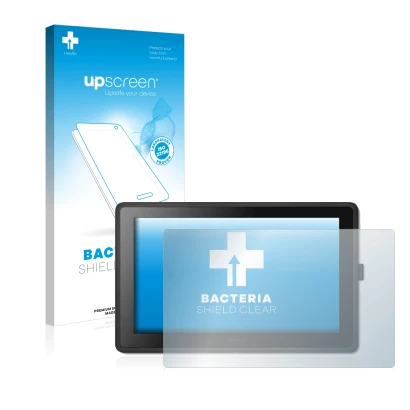 Face avant d’un emballage produit avec le logo de la marque upscreen. À côté, l’appareil Wacom Cintiq 22 est représenté avec l