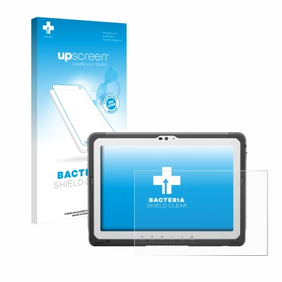 Face avant d’un emballage produit avec le logo de la marque upscreen. À côté, l’appareil Panasonic Toughbook FZ-A3 est représe