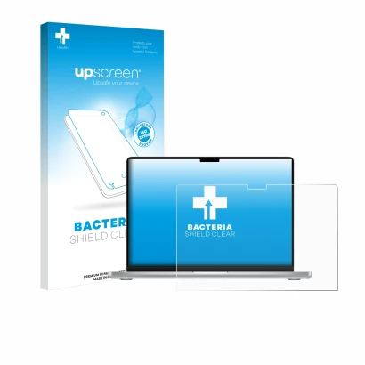 Face avant d’un emballage produit avec le logo de la marque upscreen. À côté, l’appareil Apple MacBook Pro 14" M2 2023 est rep