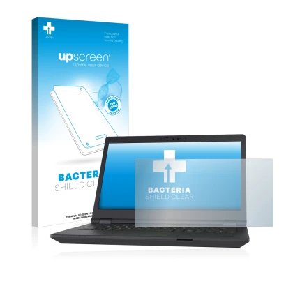 Face avant d’un emballage produit avec le logo de la marque upscreen. À côté, l’appareil Fujitsu Lifebook E5411 est représenté