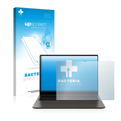 Face avant d’un emballage produit avec le logo de la marque upscreen. À côté, l’appareil Samsung Galaxy Book3 Ultra 16" est re