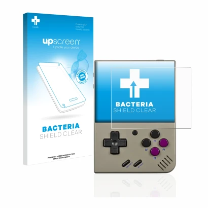 Face avant d’un emballage produit avec le logo de la marque upscreen. À côté, l’appareil Miyoo Mini Plus est représenté avec l