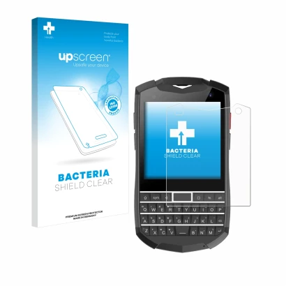 Face avant d’un emballage produit avec le logo de la marque upscreen. À côté, l’appareil Unihertz Titan Pocket est représenté
