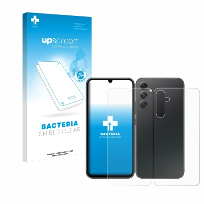 Face avant d’un emballage produit avec le logo de la marque upscreen. À côté, l’appareil Samsung Galaxy A34 5G (Avant+Arrière)