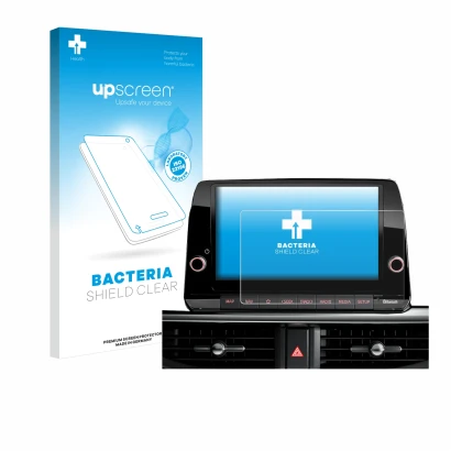 Face avant d’un emballage produit avec le logo de la marque upscreen. À côté, l’appareil Kia Picanto 2022 8" est représenté av