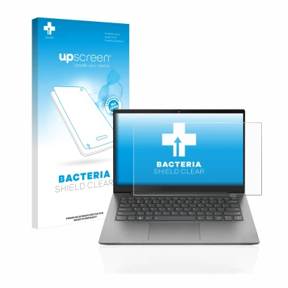 Face avant d’un emballage produit avec le logo de la marque upscreen. À côté, l’appareil Lenovo ThinkBook 14 Gen 4 est représe