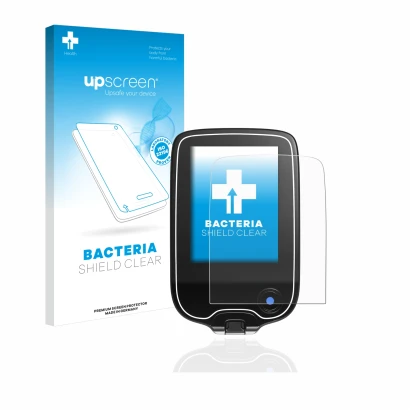 Face avant d’un emballage produit avec le logo de la marque upscreen. À côté, l’appareil Freestyle Libre 3 est représenté avec