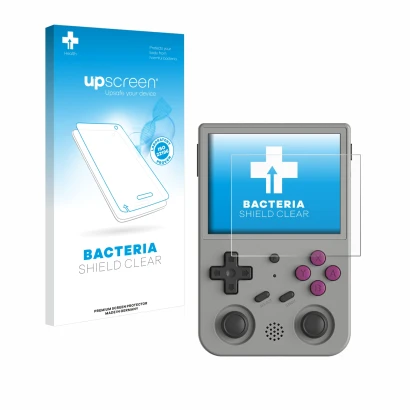 Face avant d’un emballage produit avec le logo de la marque upscreen. À côté, l’appareil Anbernic RG353V est représenté avec l