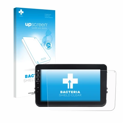 Face avant d’un emballage produit avec le logo de la marque upscreen. À côté, l’appareil Dynavin D8-V8 8" est représenté avec