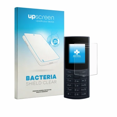 Face avant d’un emballage produit avec le logo de la marque upscreen. À côté, l’appareil Nokia 110 4G (2023) est représenté av