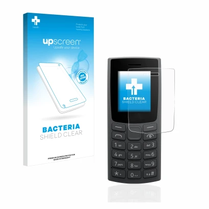 Face avant d’un emballage produit avec le logo de la marque upscreen. À côté, l’appareil Nokia 105 (2023) est représenté avec 